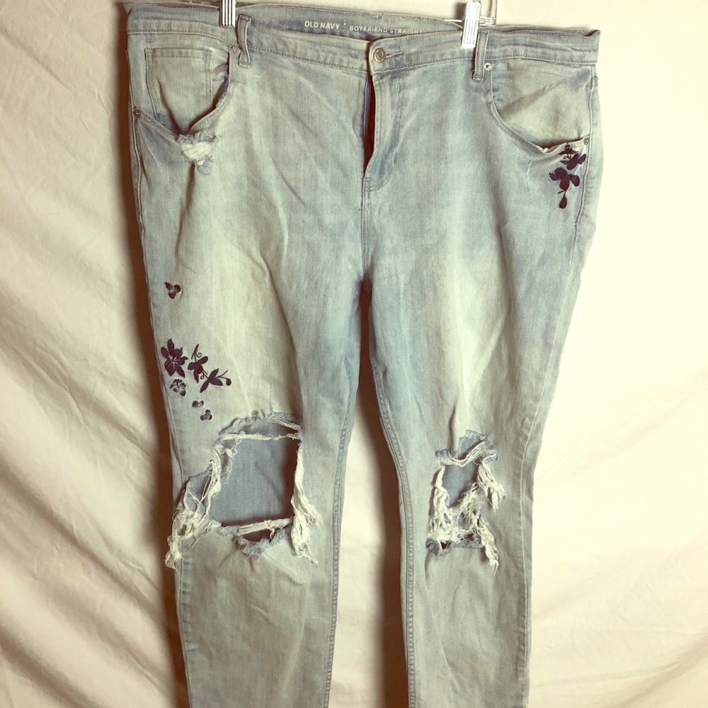 Distressed, light wash jeans